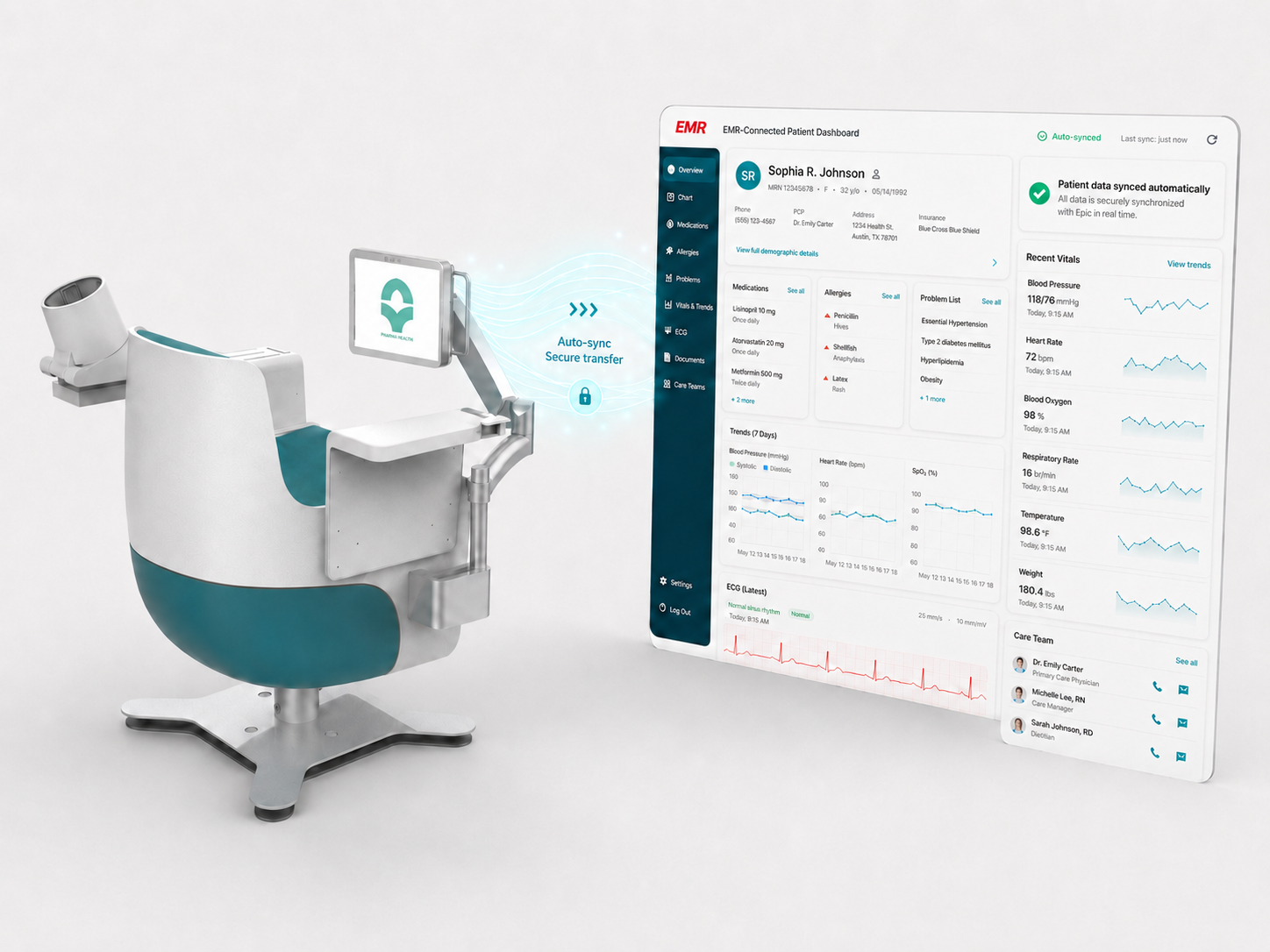 Praana intake station auto-syncing patient vitals, medications, and trends to an EMR-connected dashboard